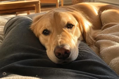 Perro apoya cabeza sobre las piernas