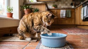 Un gato con su cuenco de agua