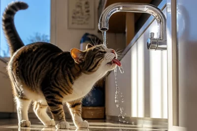 El gato bebe agua del grifo